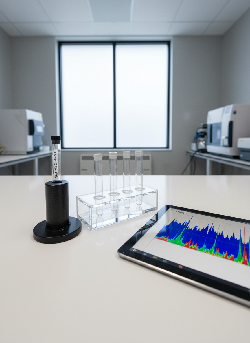 An ultra-detailed, photographic realism overhead view of a pristine white lab bench featuring an organized NMR workflow scene: a carefully labeled 5 mm NMR tube resting in a black carbon-fiber spinner, a clean glass rack with additional empty tubes, and a tablet displaying a colorful 2D NMR spectrum. The bench sits in a bright, modern instrumentation room with neutral gray walls and subtle reflections on the benchtop. Soft, even diffused lighting from a large frosted window eliminates harsh shadows, producing a calm and methodical atmosphere. Composition follows rule of thirds, with the NMR tube and tablet forming a diagonal visual line. Everything is sharp and crisp, conveying professionalism, preparation, and technical rigor for a conference information or program page.