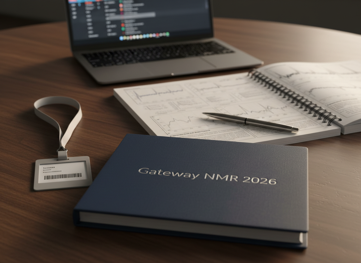 A meticulously arranged, photographic realism still life of NMR-related conference materials on a dark walnut table: a navy-blue conference folder embossed with a subtle silver “Gateway NMR 2026” logo, an ID badge on a clean white lanyard, a spiral-bound abstract book open to a page of spectra, and a slim silver pen resting diagonally. A faintly glowing laptop in the background shows a blurred conference schedule interface. Warm, directional light from a table lamp to the side creates gentle highlights along the folder’s textured cover and soft shadows under the objects, producing a calm, organized, and professional atmosphere. Shot from a slightly elevated angle with moderate depth of field, this composition is ideal for registration, logistics, or attendee information pages.